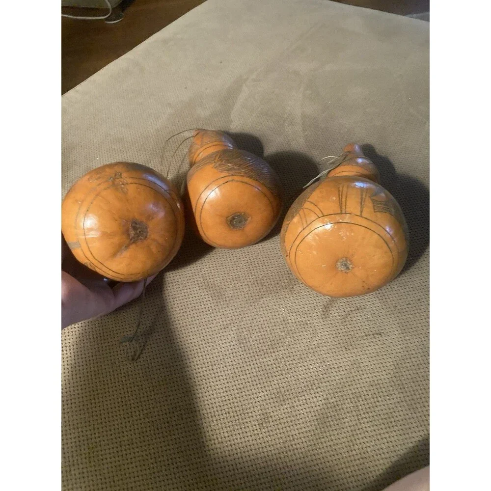 3 Peruvian Folk Art Hand Carved Gourd Ornaments Animal Etching Fish Horse Vintag